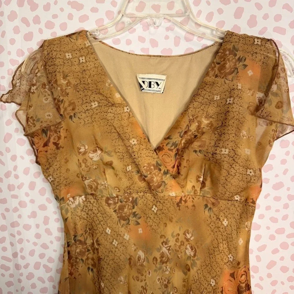 DBY Floral Brown Sheer Babydoll Flutter Sleeve‎ Dress Y2K Fairy Grunge 6 S VTG